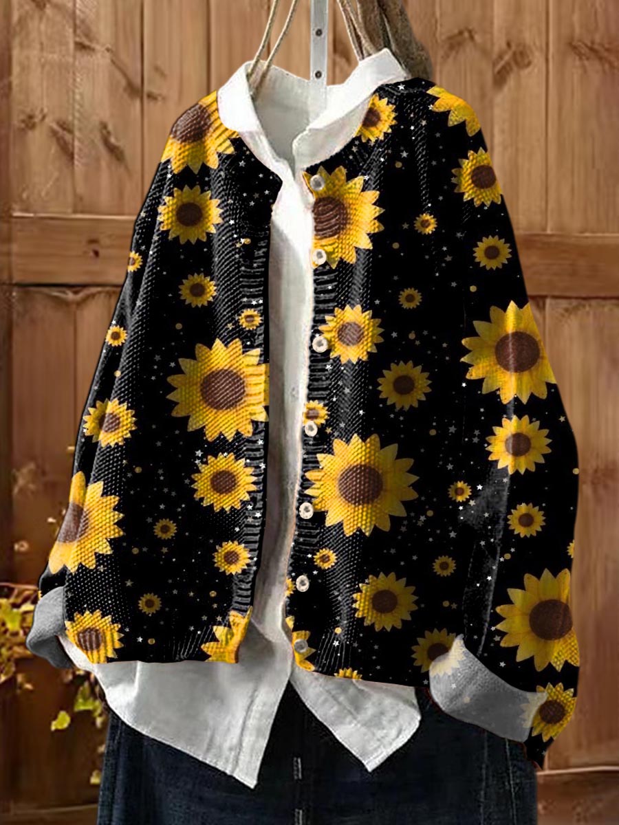 Women's Sunflower Print Crew Neck Long Sleeve Casual Loose Cardigan Sweater