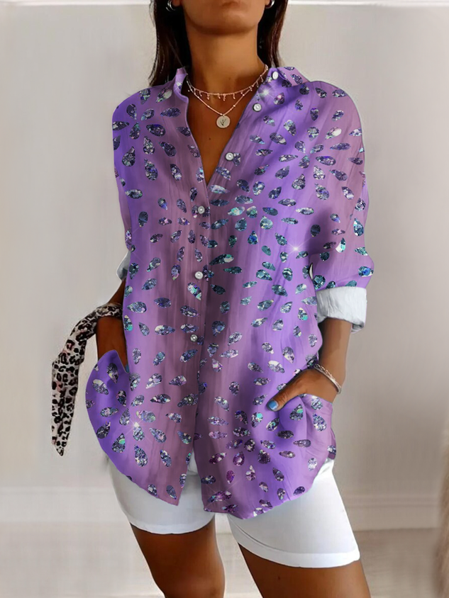 V Neck Long Sleeve Abstract Graphic Regular Micro-Elasticity Regular Fit Shirt For Women