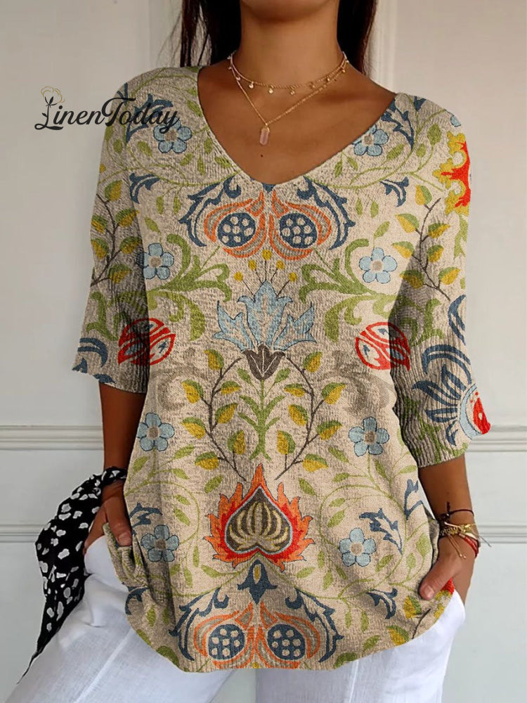 Women's Vintage Ethnic Floral Art Print Casual Pullover Knit