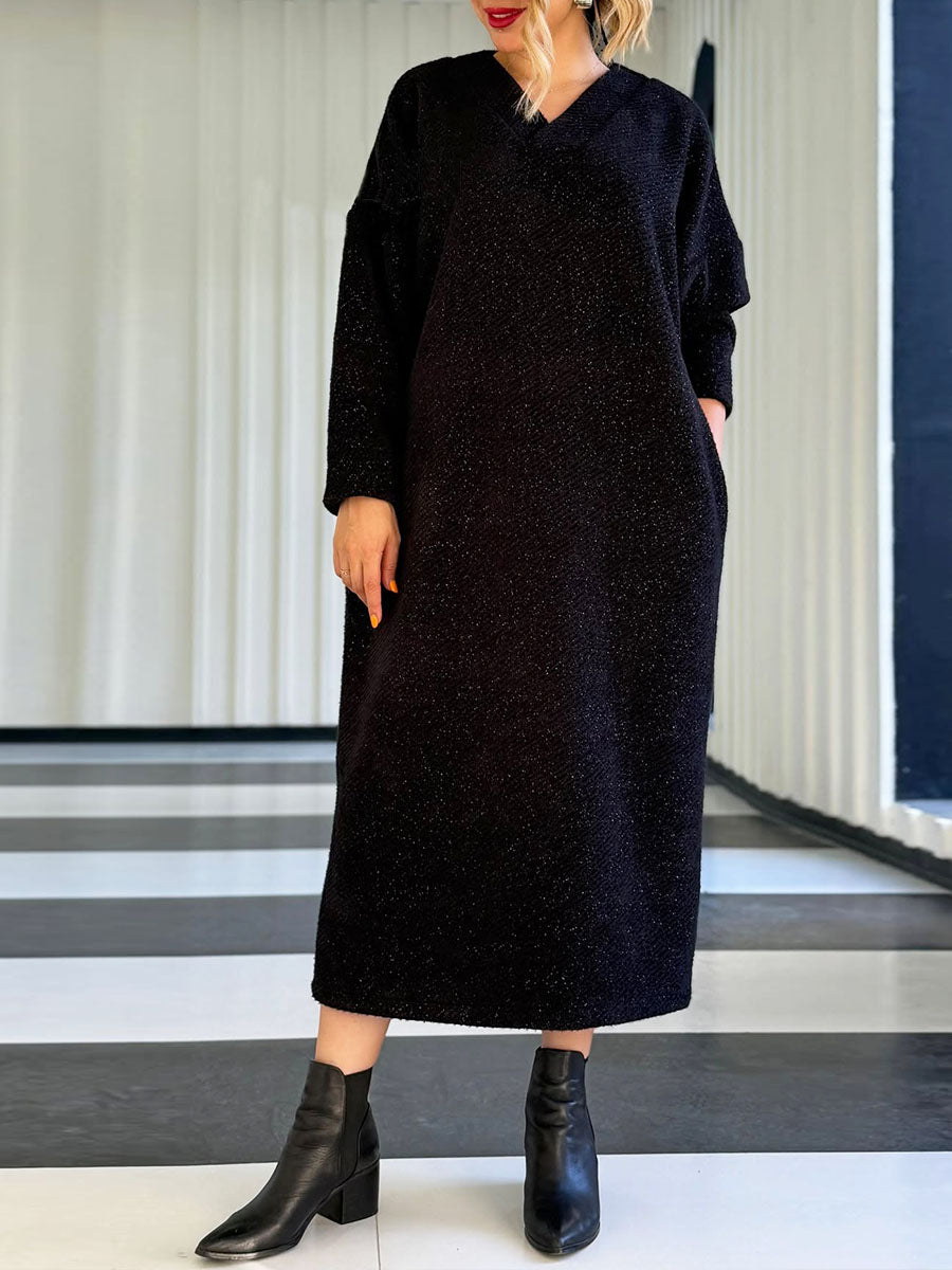 Women's Solid Color V-Neck Long Sleeve Casual Loose Knitted Dress