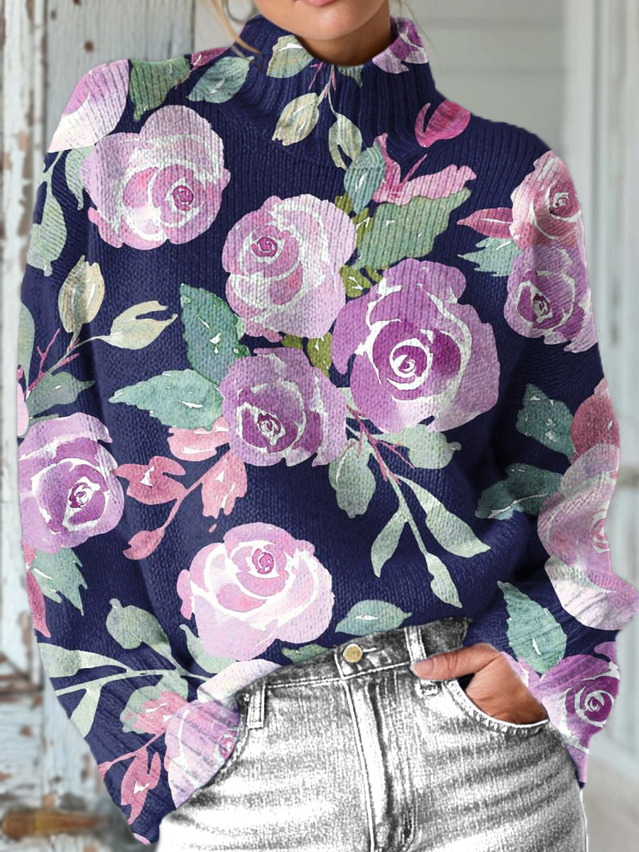 beautiful-large-rose-flower-painting-art-print-knit-turtleneck-pullover-sweater