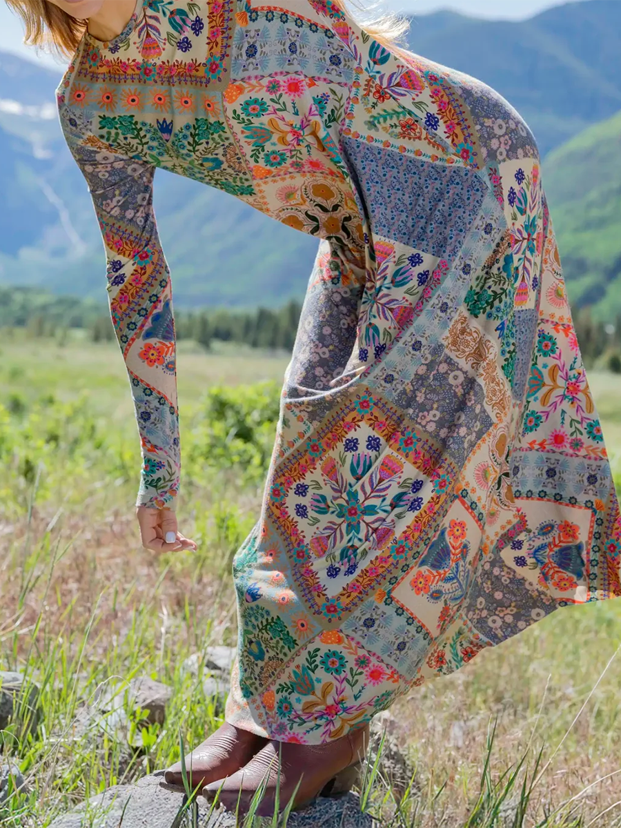 Women's Floral Plaid Patchwork Print Stretch Dress