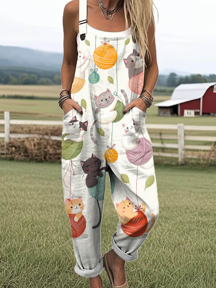 Women's Lovely Cats Art Print Casual 100% Cotton Wide Leg Jumpsuit