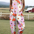 Women's Lovely Flowers Pattern Art Print Casual 100% Cotton Wide Leg Jumpsuit