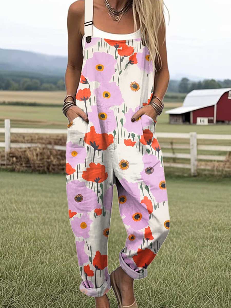 Women's Lovely Flowers Pattern Art Print Casual 100% Cotton Wide Leg Jumpsuit