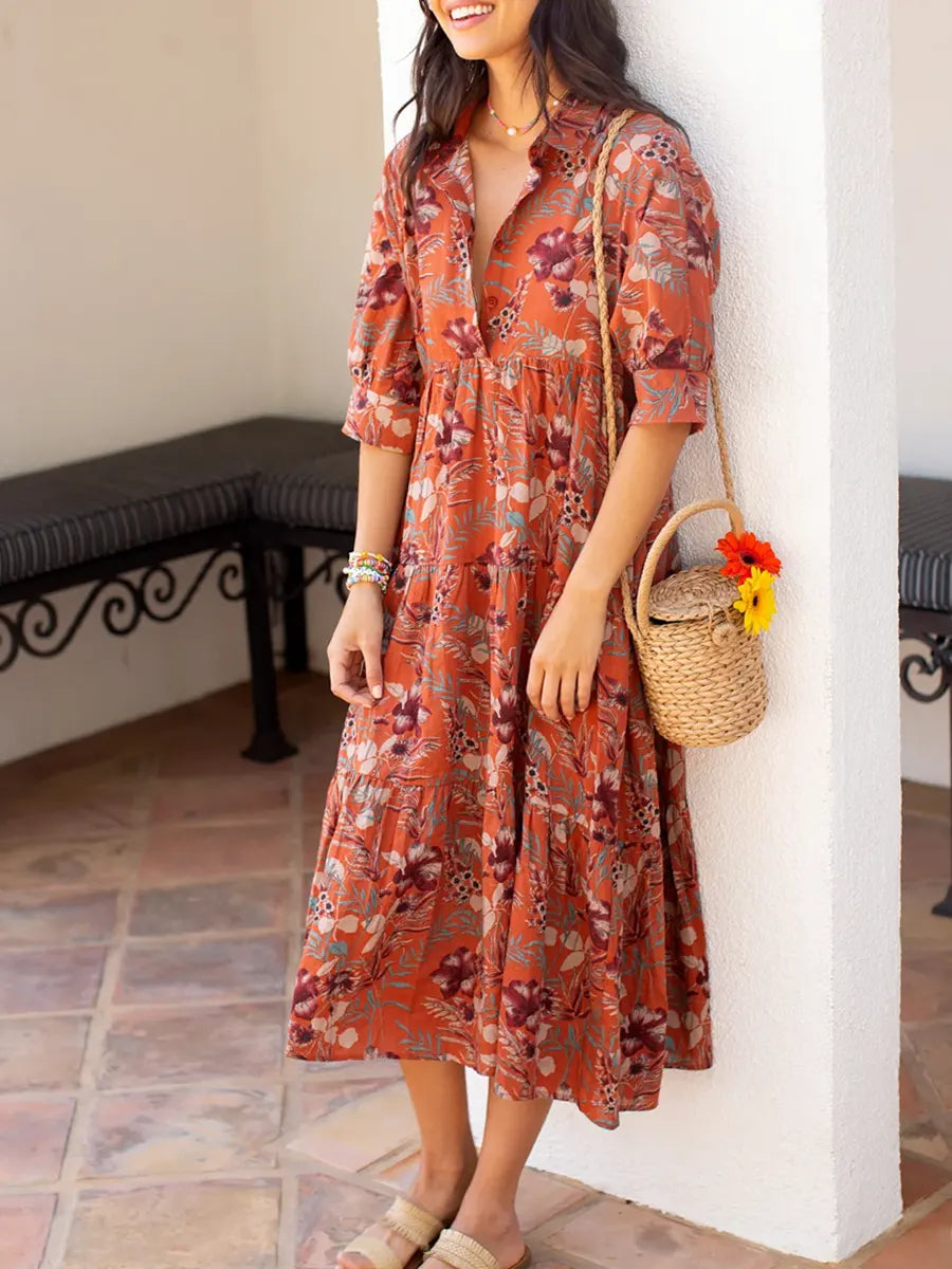 Women's Vintage Floral Art Print Casual Cotton Dress