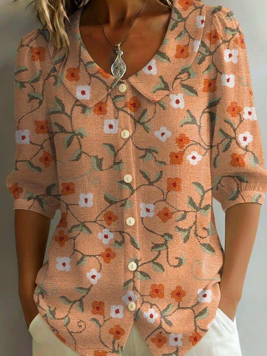 Women's Retro Floral Art Print Casual Stylish Cotton Linen Shirt