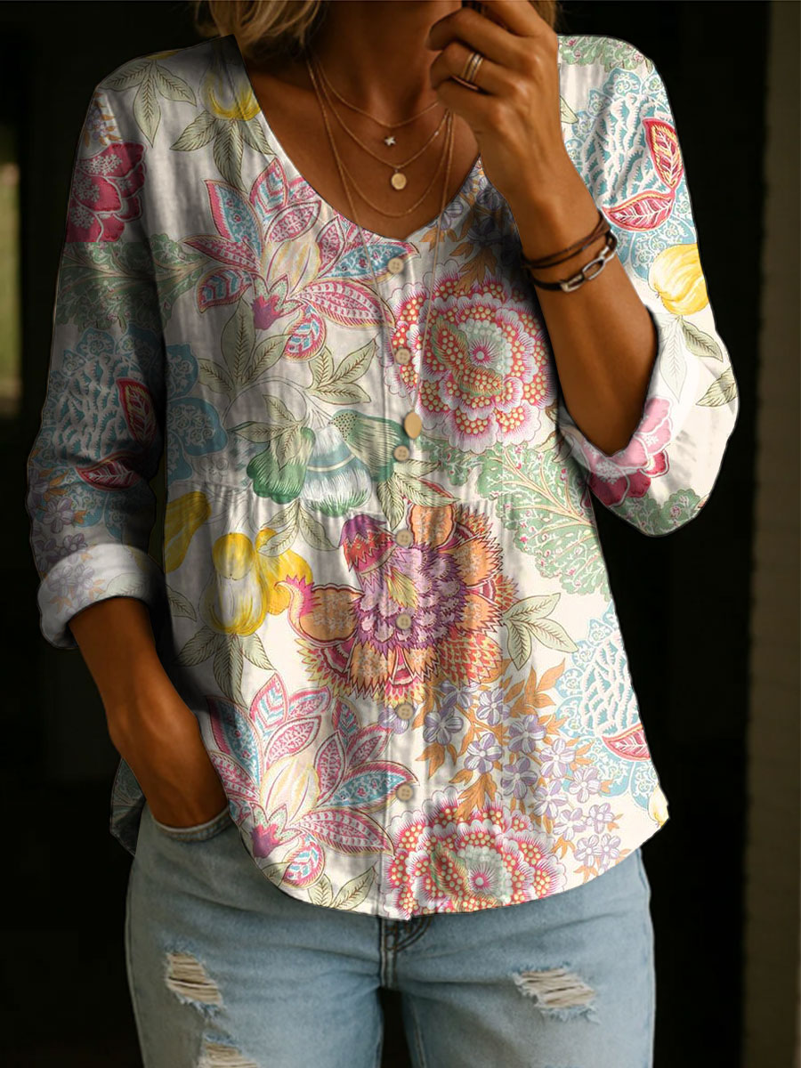Women's Floral Pattern Art Print Casual Cotton Shirt