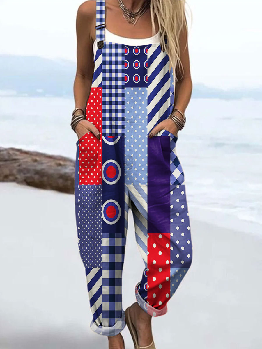 Women's Retro Geometric Mosaic Art Print Casual 100% Cotton Wide Leg Jumpsuit