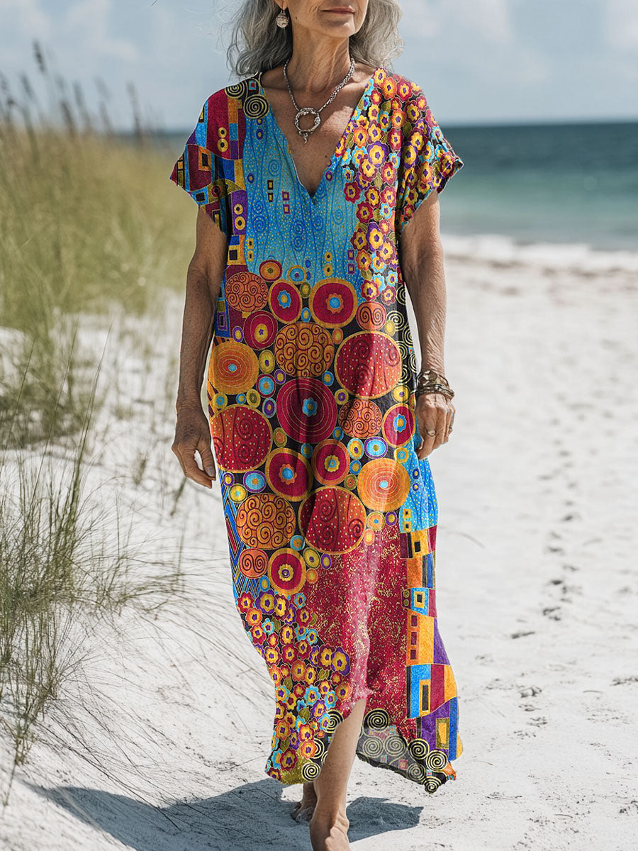 Women's Vintage Geometric Pattern Art Print Pocket Cotton Dress