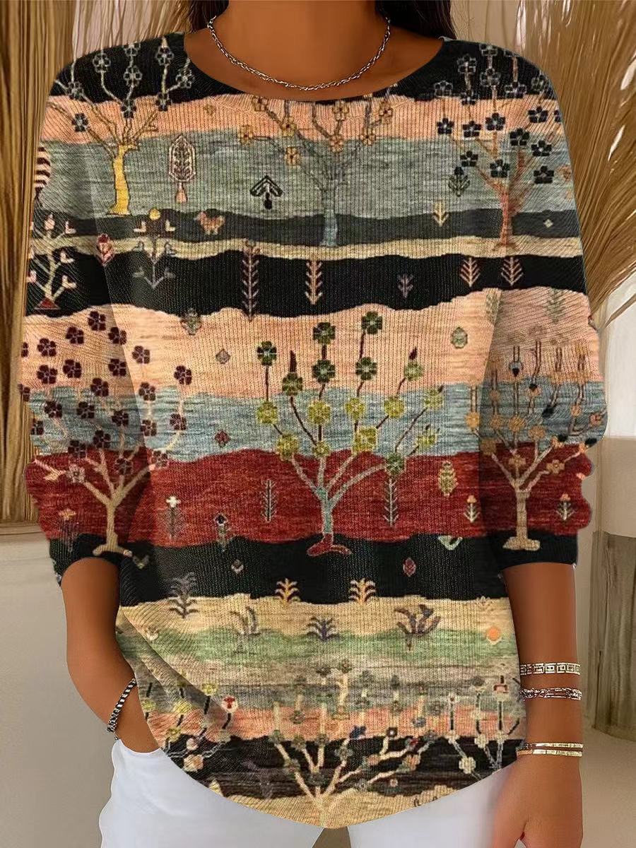 Women's Vintage Multicolor Tree Landscape Painting Art Print Casual Pullover Sweater