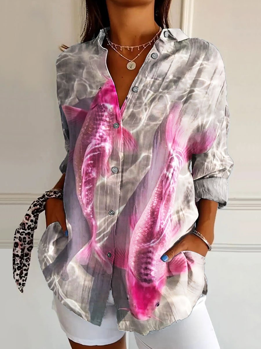 Women's Vintage Fish Art Print Casual Cotton Shirt