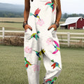 Women's Vintage Bird Art Print Casual 100% Cotton Wide Leg Jumpsuit