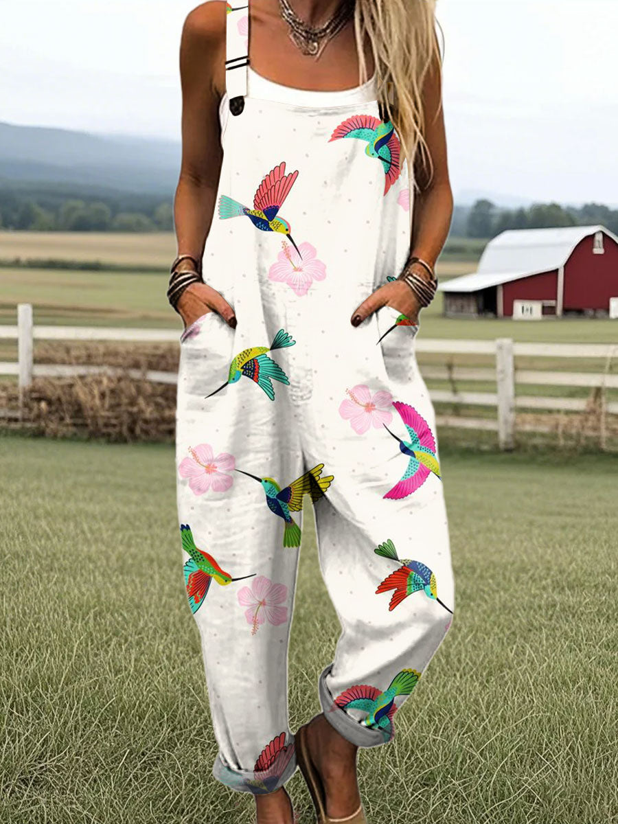 Women's Vintage Bird Art Print Casual 100% Cotton Wide Leg Jumpsuit