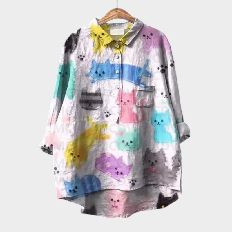 Cute Cat Print Button Front Shirt, Casual Lapel Long Sleeve Shirt, Women's Clothing