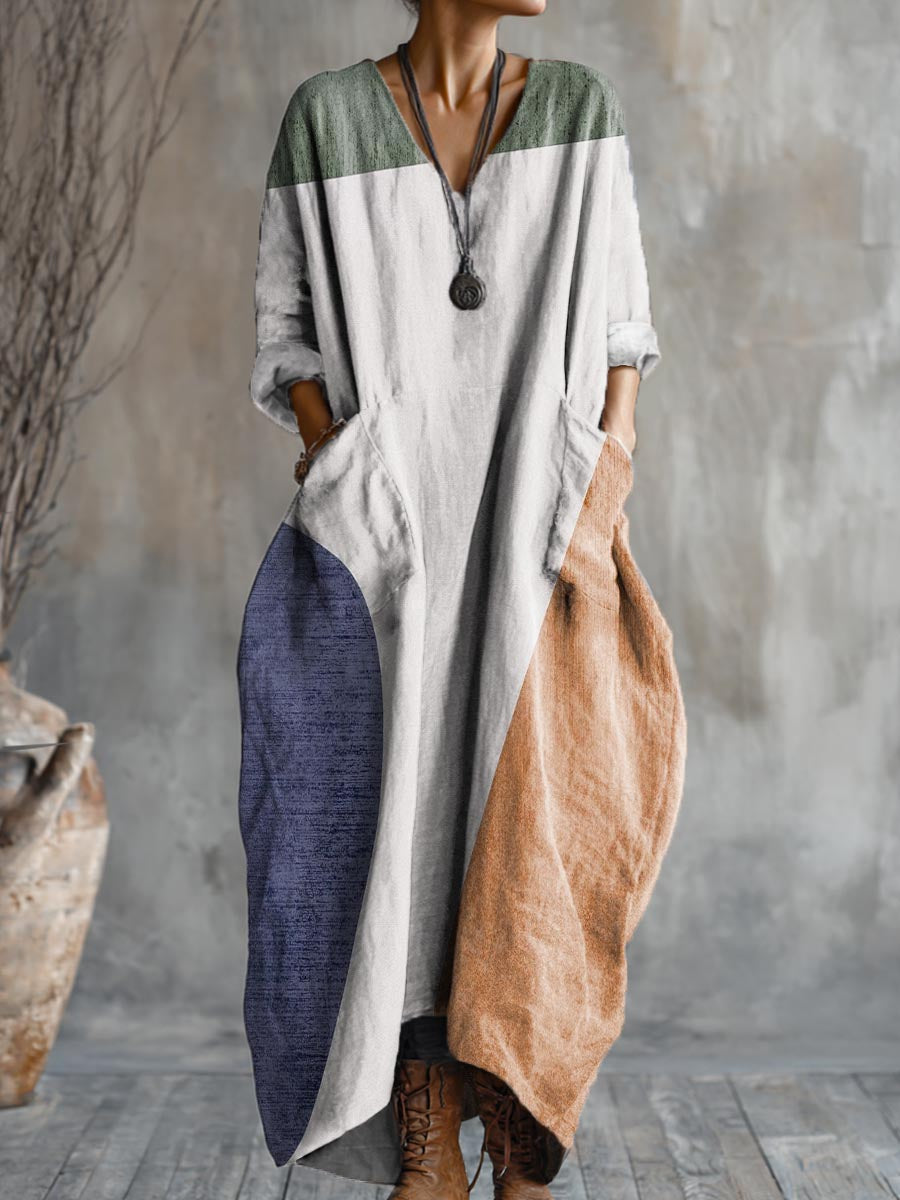 Women's Geometric Art Pattern Print Pocket V-neck Cotton Dress