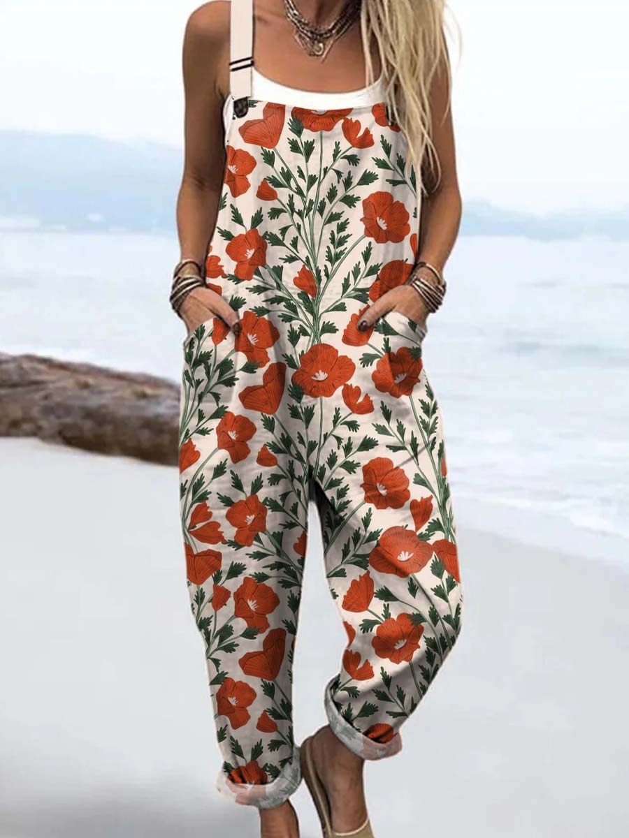 Women's Vintage Floral Art Print Casual 100% Cotton Wide Leg Jumpsuit