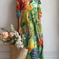 Women's Colorful Tree Painting Art Print Linen Pocket Dress