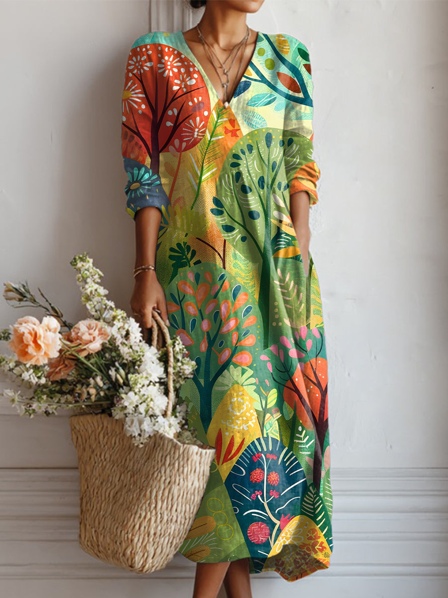 Women's Colorful Tree Painting Art Print Linen Pocket Dress