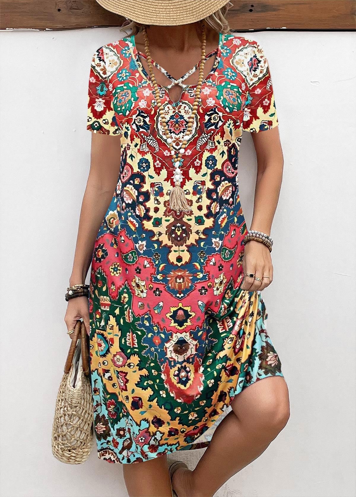 Rainbow Color Breathable Tribal Print A Line Dress