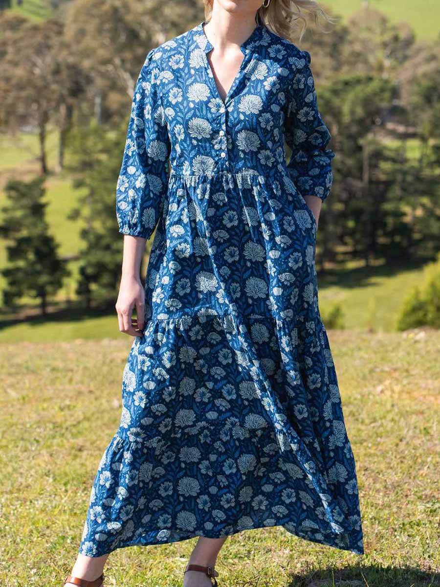 Women's Retro Print V-Neck 3/4 Sleeve Casual Loose A-Line Cotton Dress