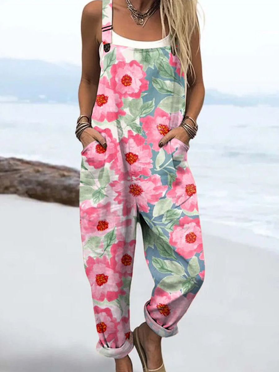 Women's Artistic Flowers Print Casual 100% Cotton Wide Leg Jumpsuit