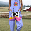 Women's Lovely Cow Art Print Casual 100% Cotton Wide Leg Jumpsuit