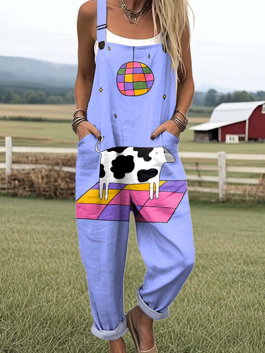 Women's Lovely Cow Art Print Casual 100% Cotton Wide Leg Jumpsuit