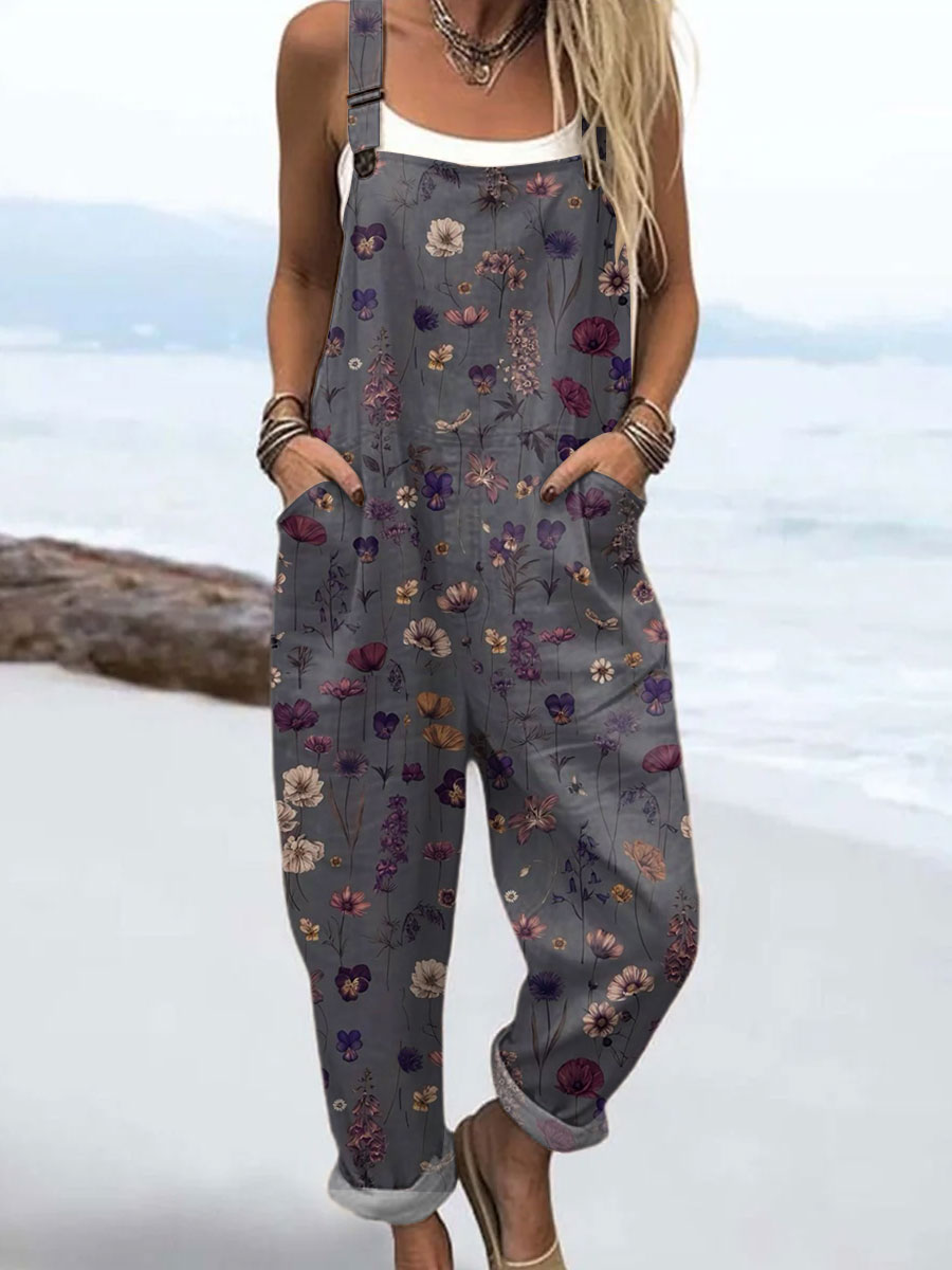 Women's  Vintage Flowers Art Print Casual 100% Cotton Wide Leg Jumpsuit