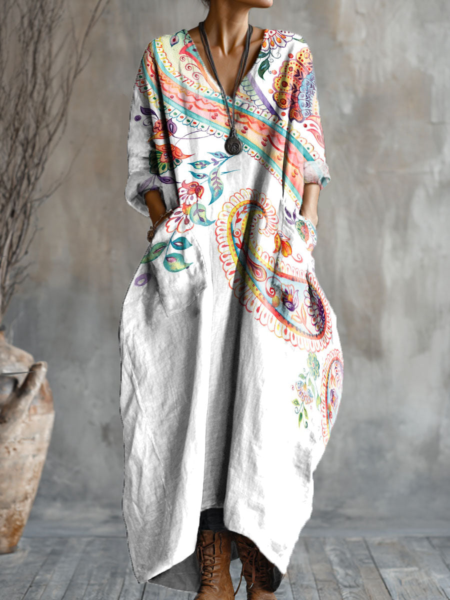 Women's Ethnic Irregular Totem Art Pattern Print Pocket V-neck Cotton Dress