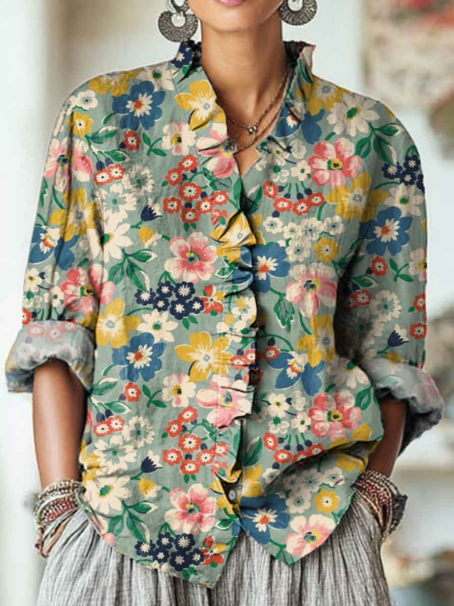 Women's Vintage Colorful Floral Painting Art Print Casual Cotton And Linen Ruffle Shirt