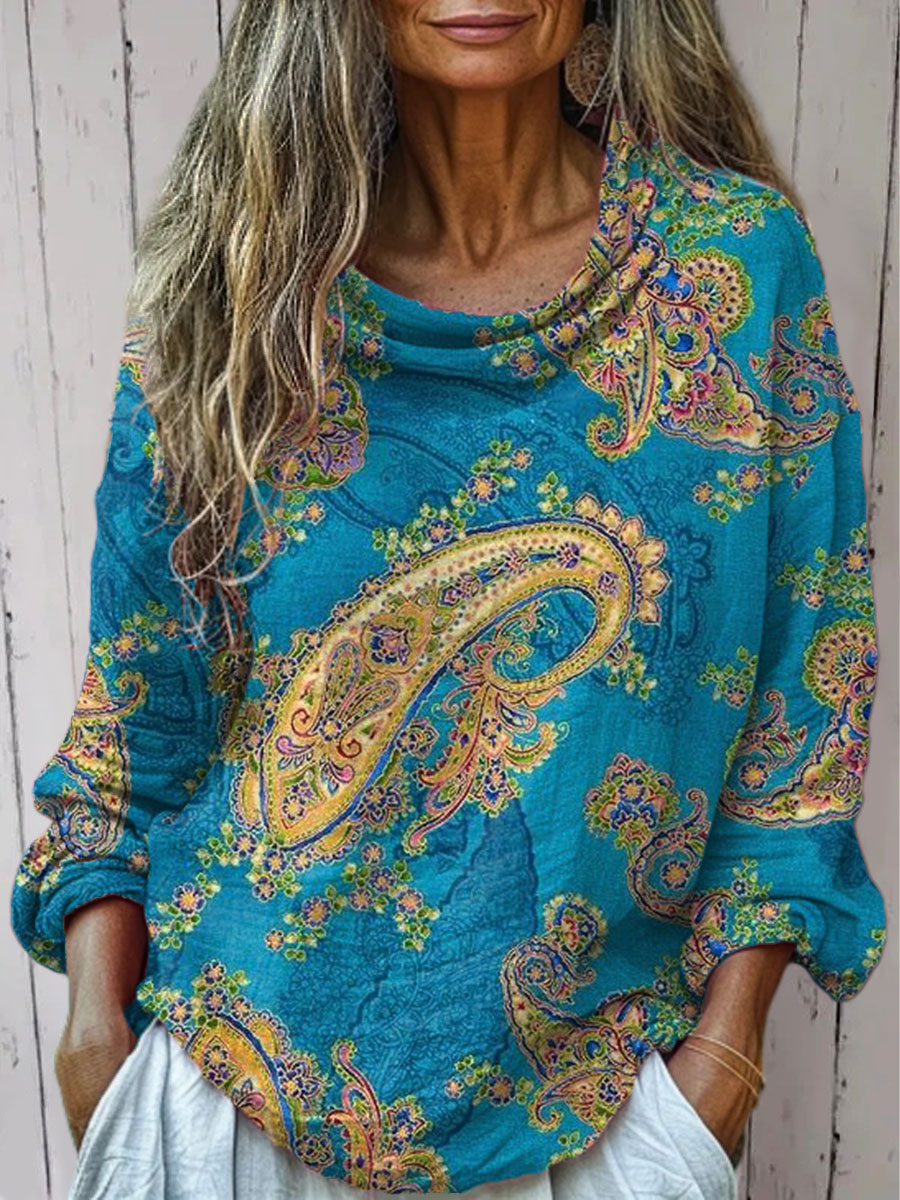 Women's  Vintage Cashew Flower Art Print Casual Long Sleeve Comfortable Cotton Shirt