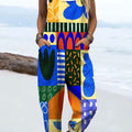 Women's Bright Abstract Botanical Art Print Casual 100% Cotton Wide Leg Jumpsuit