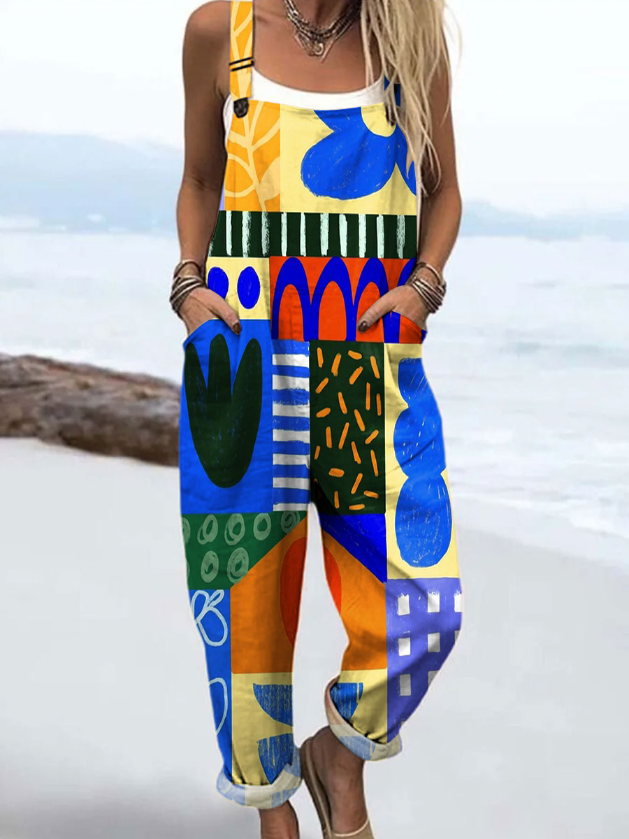 Women's Bright Abstract Botanical Art Print Casual 100% Cotton Wide Leg Jumpsuit