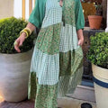 Women's Floral Print Plaid Patchwork Cotton Dress