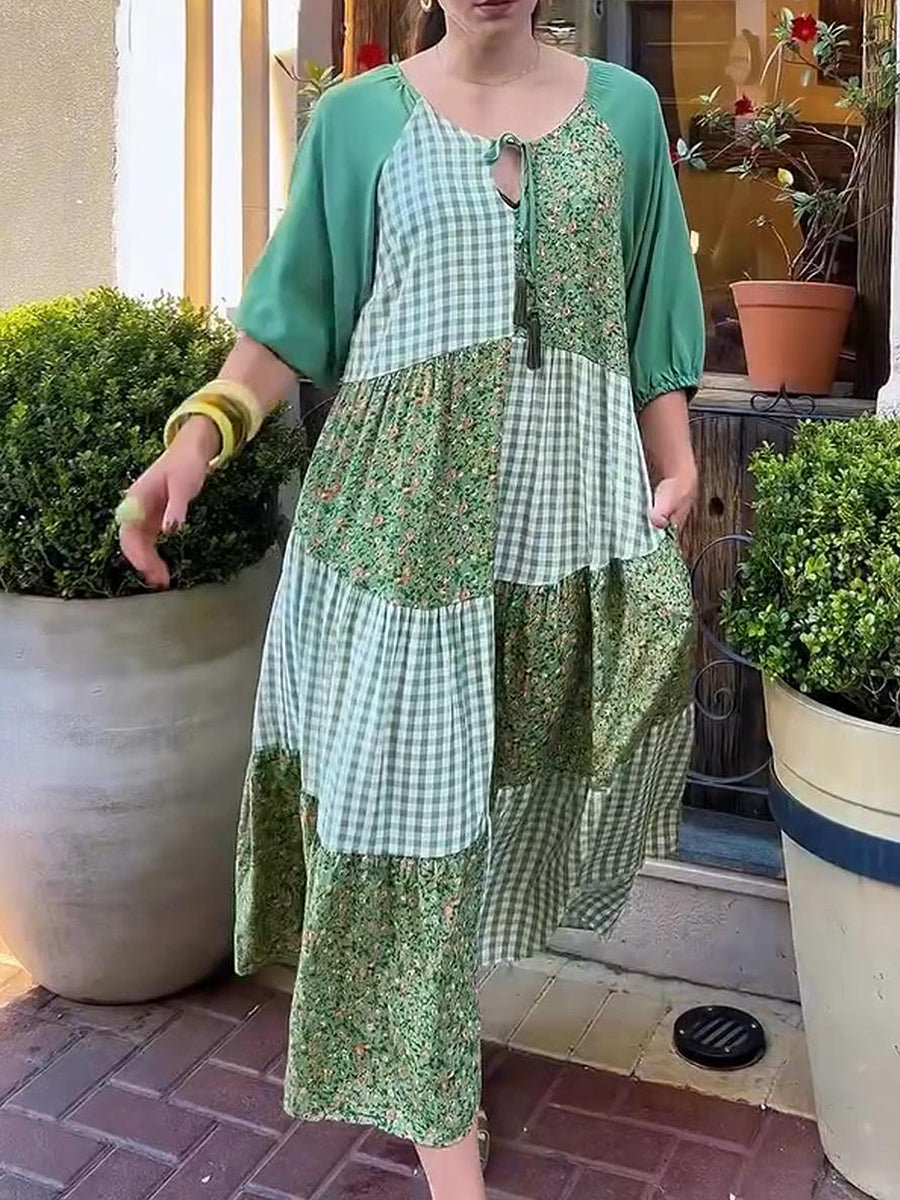 Women's Floral Print Plaid Patchwork Cotton Dress