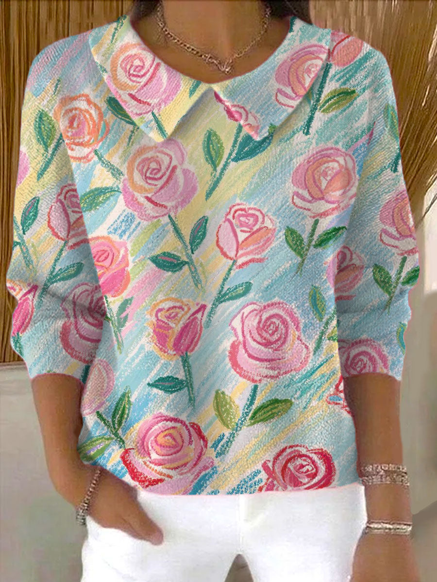 womens-vintage-flower-art-print-casual-peter-pan-collar-3-4-sleeve-sweater-wefh