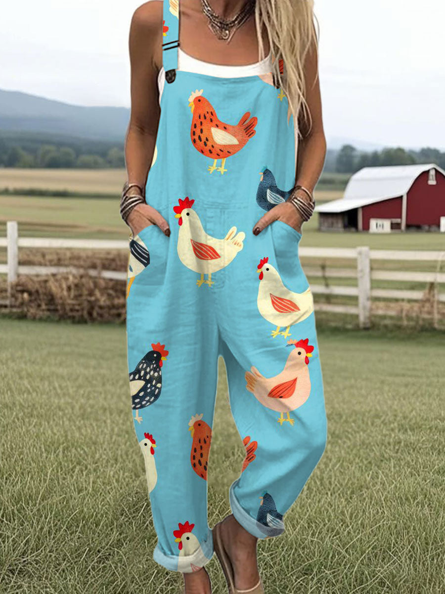 Women's Funny Chick Art  Print Casual 100% Cotton Wide Leg Jumpsuit