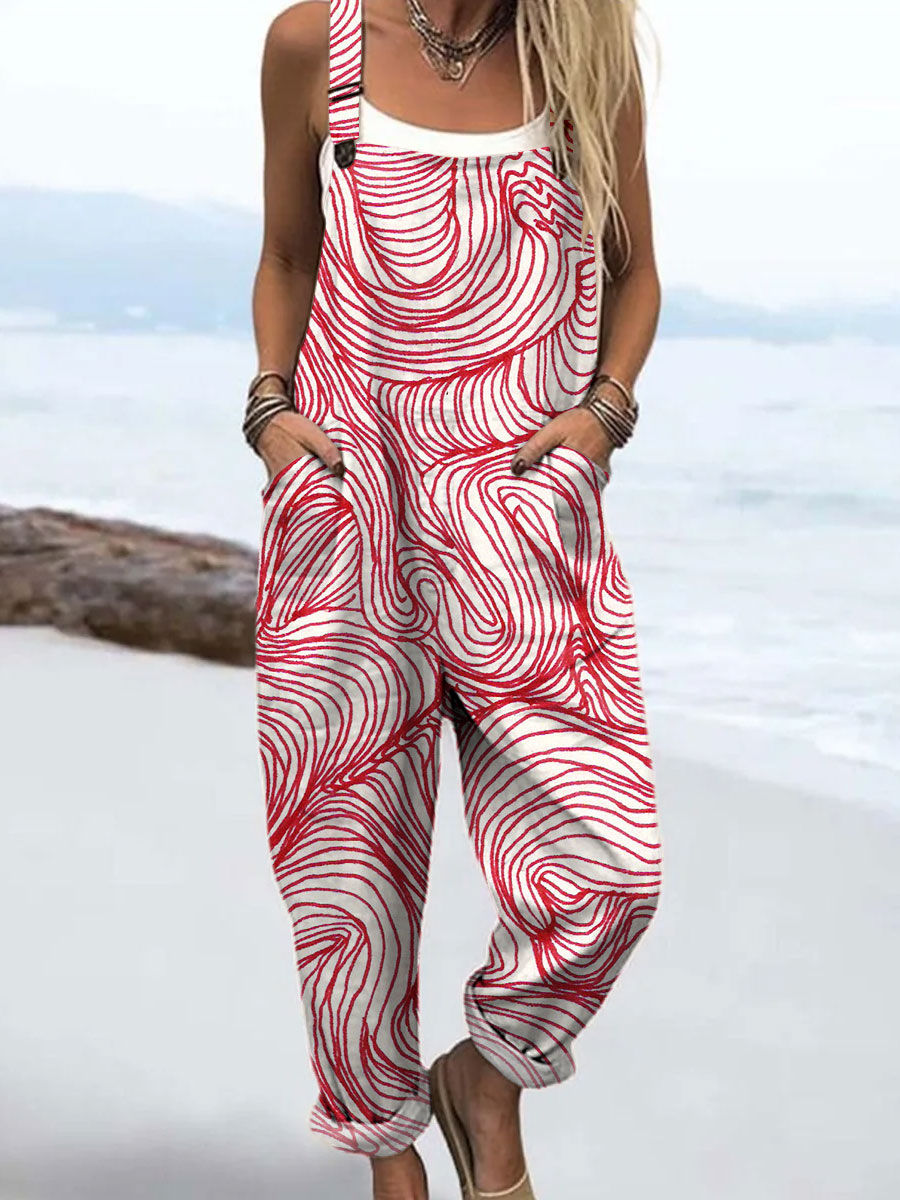 Women's Fashion Line Art Print Casual 100% Cotton Wide Leg Jumpsuit