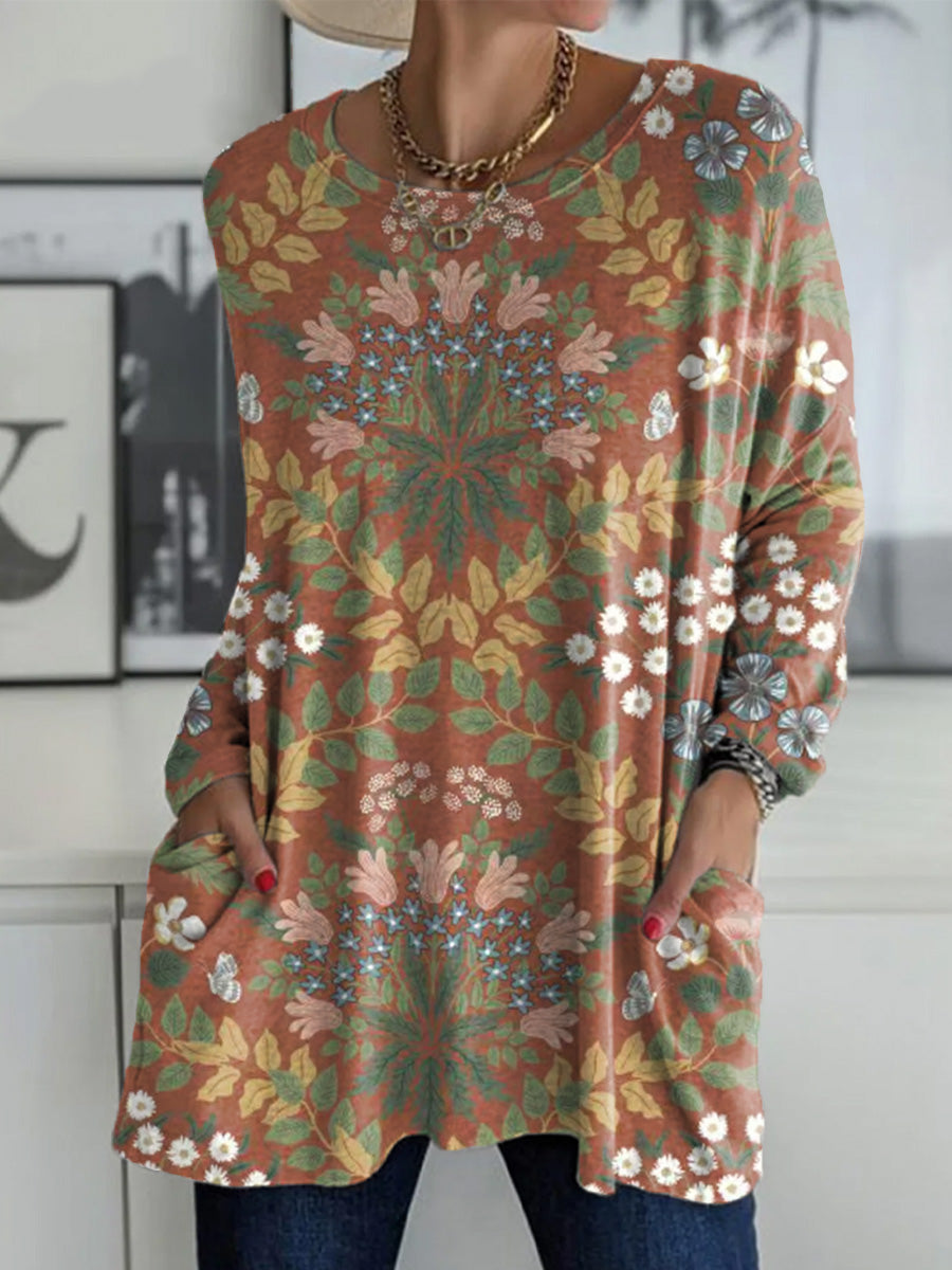 Women's Vintage Ethnic Geometric Floral Pattern Art Print Casual Long Sleeve T-shirt