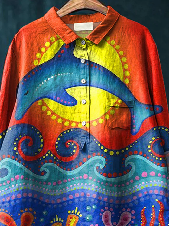 Sunset And Dolphin Art Printed Women's Casual Cotton And Linen Shirt