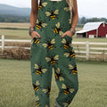 Women's Vintage Bee Floral Art Print Casual 100% Cotton Wide Leg Jumpsuit