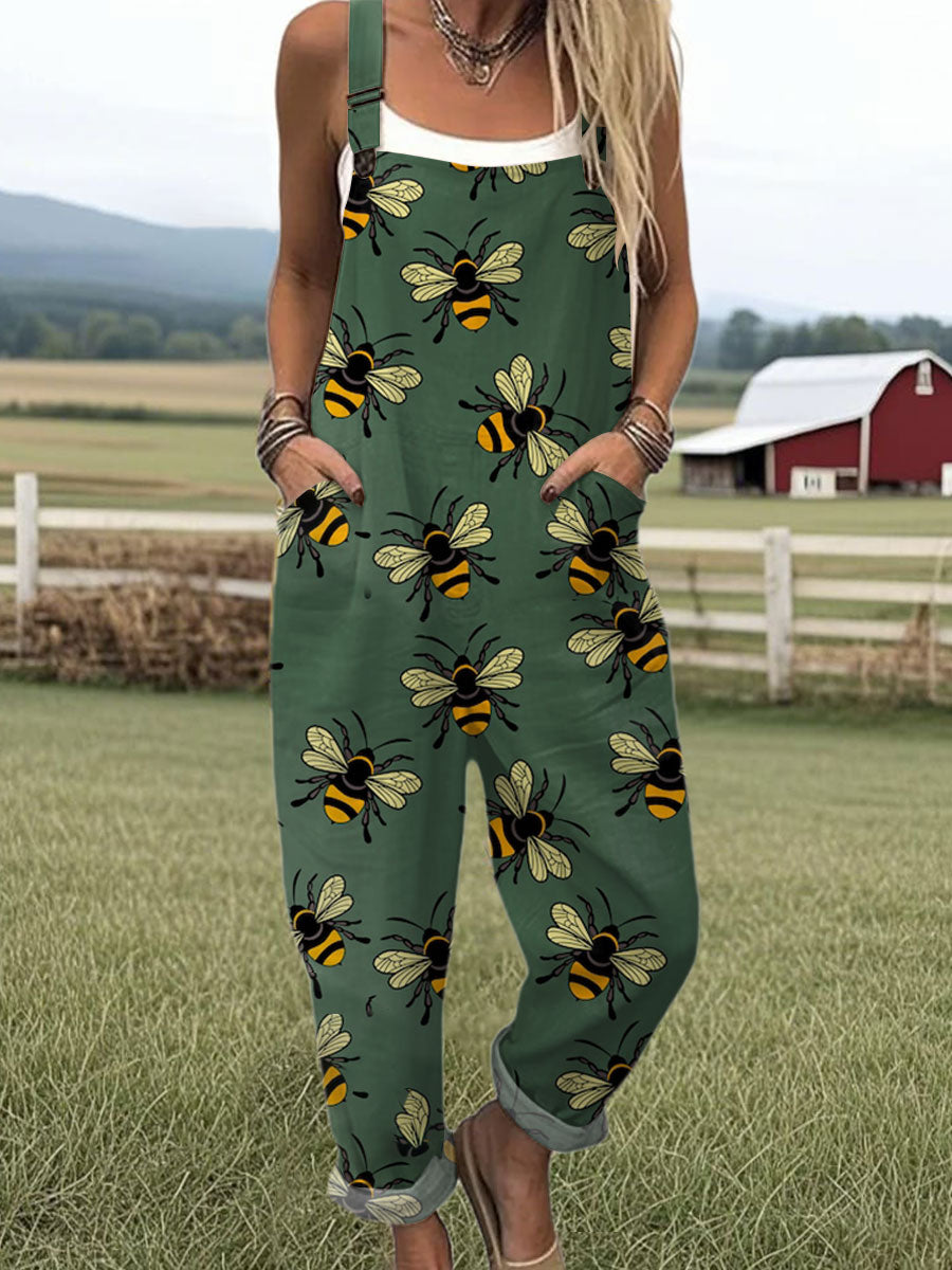 Women's Vintage Bee Floral Art Print Casual 100% Cotton Wide Leg Jumpsuit