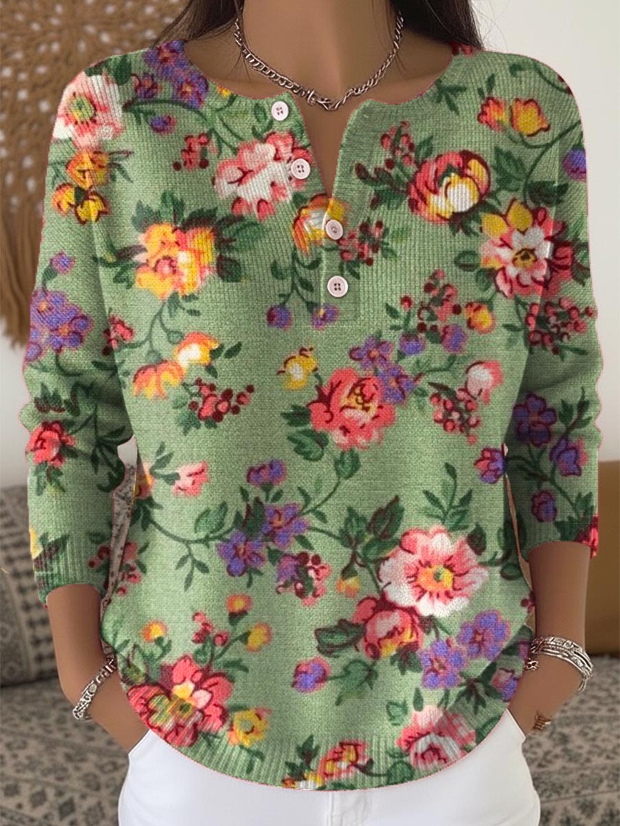 Women's Floral Pattern Art Print Buttoned Cardigan Sweater