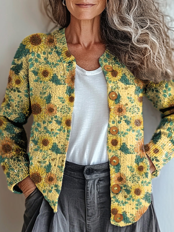 Watercolor Sunflower Pattern Printed Buttoned Cardigan Sweater