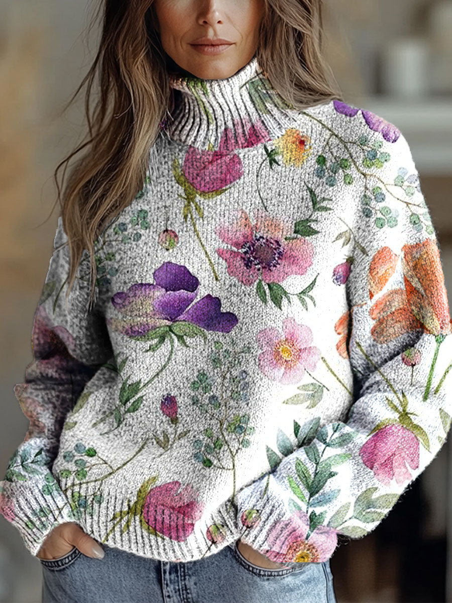 womens-retro-art-watercolor-flowers-print-knit-turtleneck-pullover-sweater-76ka