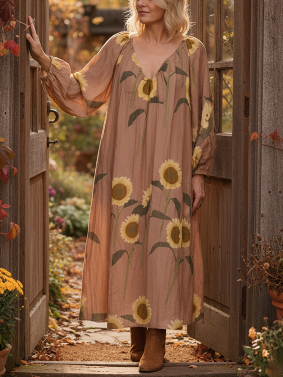 Sunflower Print Soft V-neck Cotton Midi Dress