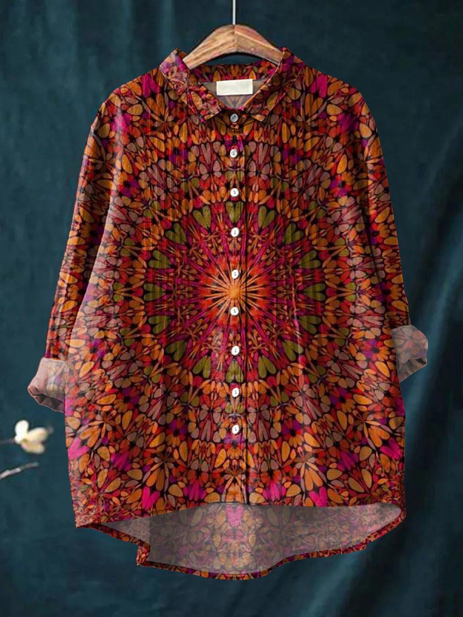 Women's Vintage Pattern Art Print Casual Cotton And Linen Ruffle Shirt