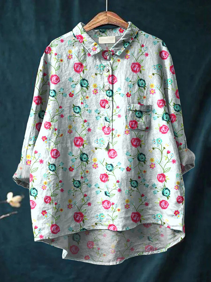Women's Floral Art Print Casual Cotton And Linen Shirt