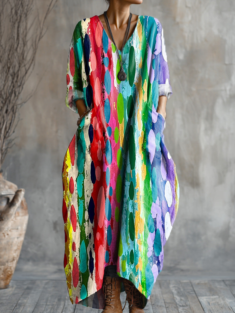 Women's Abstract Multicolor Graffiti Painting Art Print  Pocket V-neck Cotton Dress
